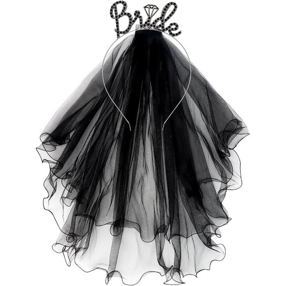 ?Women Black Rhinestone Bride Headband with Veil Sturdy Metal Comb Accessory main image 2